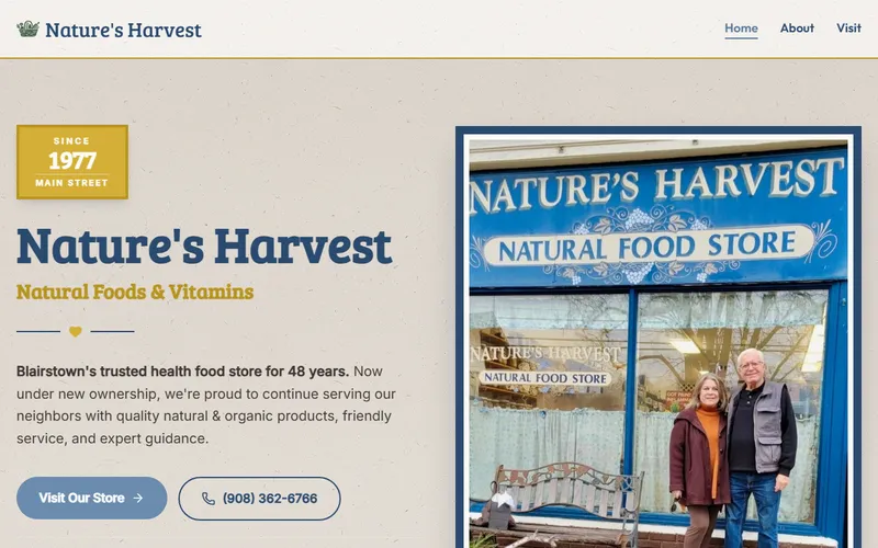 Homepage of Nature's Harvest health food store, built by Steve Rajeckas