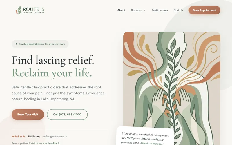 Homepage of Route 15 Chiropractic, built by Steve Rajeckas